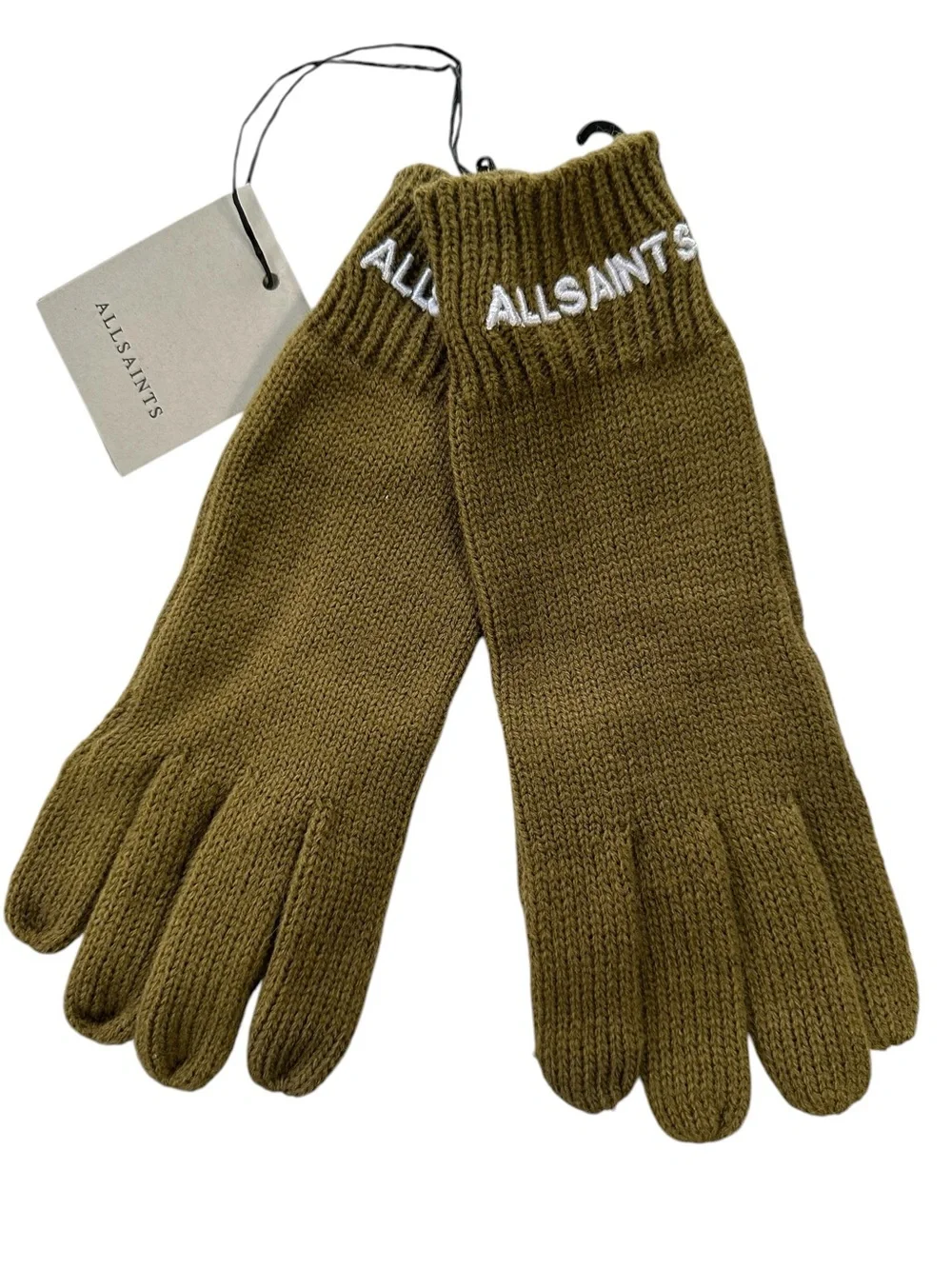 NWT AllSaints Women’s Gold Khaki Wool Blend Knit Touchscreen Logo Gloves OS